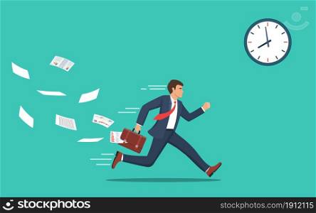 Businessman running and hurry up. businessman running with falling papers from briefcase time management deadline concept. Vector illustration in flat style.. Businessman running and hurry up