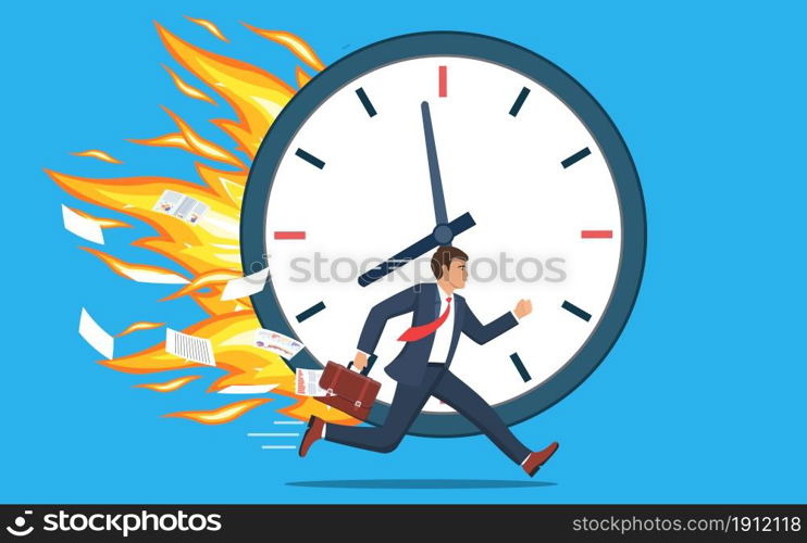 Businessman running and hurry up. businessman running with falling papers from briefcase time management deadline concept. Businessman running and hurry up