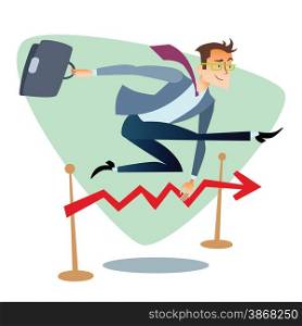 Businessman running and jumping over barriers schedule of sales. The topics of business through images of sport and athletes in the competition. Competition success and work. Businessman running and jumping over barriers schedule of sales business sports competition