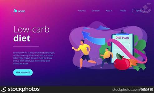 Businessman running and losing weight with diet plan and healthy food, tiny people. Weight loss diet, low-carb diet, healthy meal food concept. Website homepage landing web page template.. Weight loss diet concept landing page.
