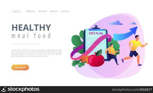 Businessman running and losing weight with diet plan and healthy food, tiny people. Weight loss diet, low-carb diet, healthy meal food concept. Website homepage landing web page template.. Weight loss diet concept landing page.
