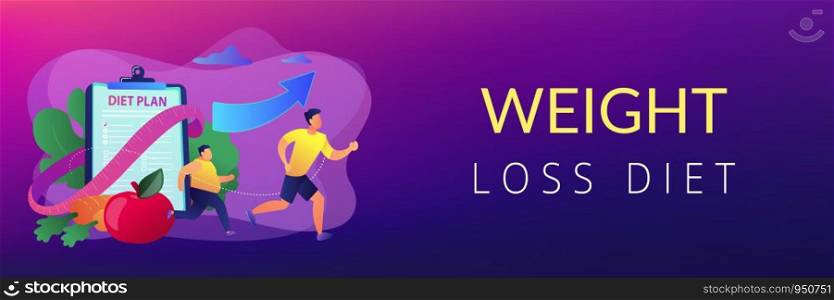 Businessman running and losing weight with diet plan and healthy food, tiny people. Weight loss diet, low-carb diet, healthy meal food concept. Header or footer banner template with copy space.. Weight loss diet concept banner header.