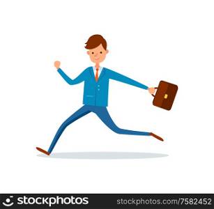 Businessman running at work with briefcase in hand. Man in hurry, boss late at office, manager with case. Employee hurrying up, rush time for worker. Businessman Running at Work with Briefcase in Hand