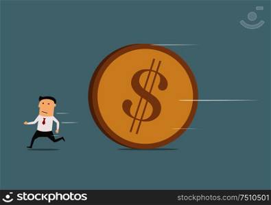 Businessman running away from big dollar coin that pursuing him, for debt or financial crisis theme design. Businessman running away from big coin