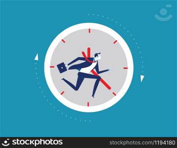 Businessman running away in clock. Concept business vector illustration. Flat design style.