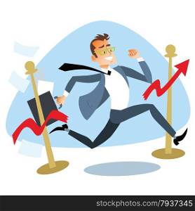 Businessman running breaks the finish tape graph of sales. The theme of the competition business concept. Businessman running breaks the finish tape sales schedule