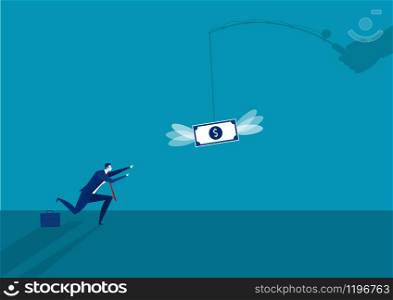 businessman running catch a dollar placed on a hook ,active income concept illustration.