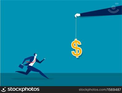 businessman running catch a dollar placed on a hook ,active income concept illustration.