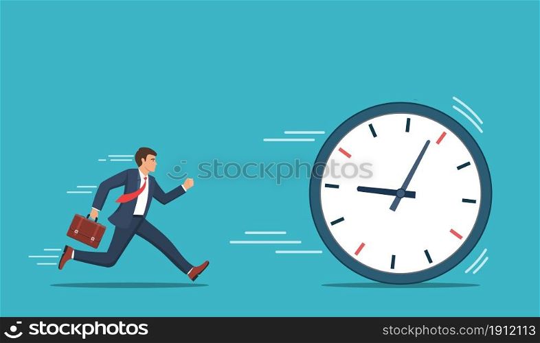 Businessman running chase a rolling time. Business concept. Vector illustration in flat style.. Businessman running chase a rolling time.