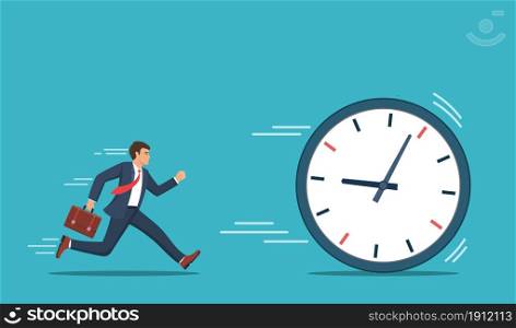 Businessman running chase a rolling time. Business concept. Vector illustration in flat style.. Businessman running chase a rolling time.