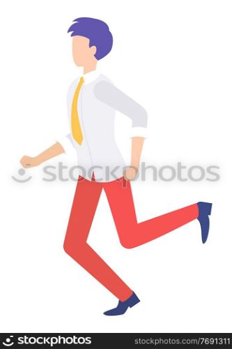 businessman running forward abstract vector illustration character in flat design business man. Person runs away from someone else, rushing to meet, catches up to hold, customer retention concept. Businessman running forward abstract vector illustration character in flat design business man