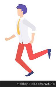 businessman running forward abstract vector illustration character in flat design business man. Person runs away from someone else, rushing to meet, catches up to hold, customer retention concept. Businessman running forward abstract vector illustration character in flat design business man