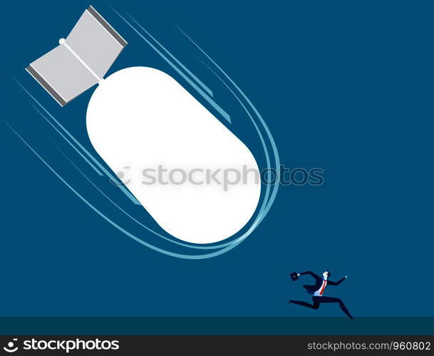 Businessman running from large bomb. Concept business illustration. Vector cartoon character.
