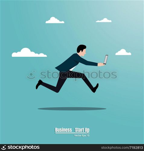 Businessman running holding a laptop, Business concept, Motivation, Moves up to the success, Leadership, Achievement, Goal, Startup, Vector illustration flat style
