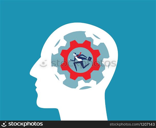 Businessman running in gear inside the head. Concept business vector illustration. Flat design character style.