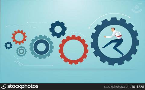 businessman running in gears. business concept vector illustration