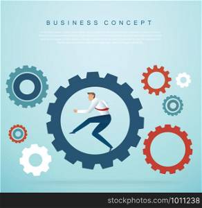 businessman running in gears. business concept vector illustration