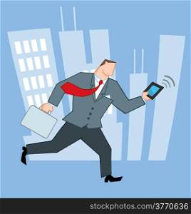 Businessman Running In The City With Suitcases And Tablet