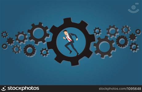 Businessman running in wheel gear background vector
