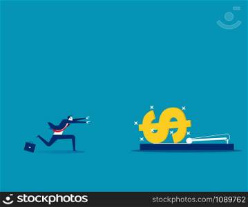 Businessman running into mousetrap. Concept business vector illustration.