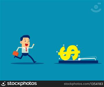 Businessman running into mousetrap. Concept business vector illustration, Money and Currency, Trap, Greedy.