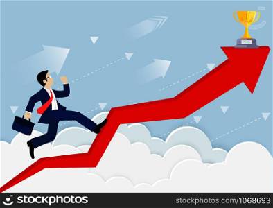 Businessman running on a arrow red. up to the sky. go to goal and business finance success. leadership. creative idea. Vector illustration