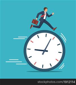 Businessman running on clock representing deadline. Business concept. Vector illustration in flat style.. Businessman running on clock representing deadline