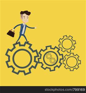 Businessman running on cogwheels. Happy businessman running to success. Businessman in a hurry. Concept of moving to success and stress in business. Vector flat design illustration. Square layout.. Businessman running on cogwheels.