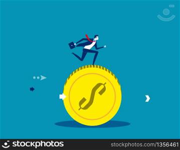 Businessman running on coins. Concept business vector illustration, Flat cartoon, character design style.