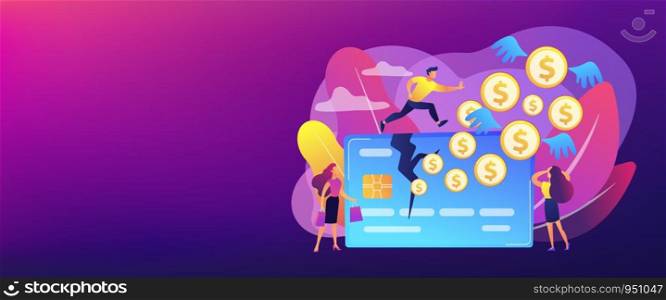Businessman running on credit card and dollar coins with wings flying away. Overspending, financial stress cause, spend beyond the income concept. Header or footer banner template with copy space.. Overspending concept banner header.