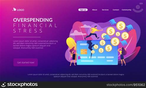 Businessman running on credit card and dollar coins with wings flying away. Overspending, financial stress cause, spend beyond the income concept. Website vibrant violet landing web page template.. Overspending concept landing page.