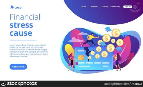 Businessman running on credit card and dollar coins with wings flying away. Overspending, financial stress cause, spend beyond the income concept. Website vibrant violet landing web page template.. Overspending concept landing page.