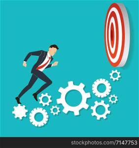 businessman running on gears to target archery to Successful vector. Business concept illustration