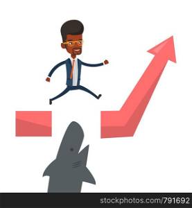 Businessman running on graph and jumping over gap. Businessman jumping over ocean with shark. Business growth and business risks concept. Vector flat design illustration isolated on white background.. Business man jumping over ocean with shark.