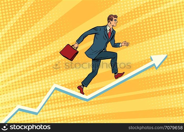 Businessman running on schedule growth. Pop art retro vector illustration. Businessman running on schedule growth