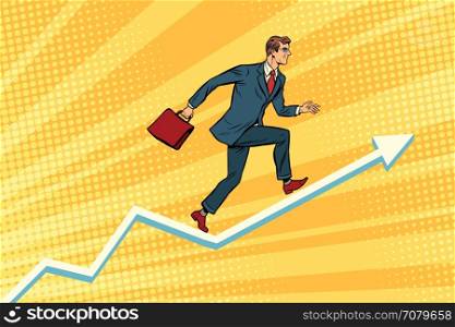 Businessman running on schedule growth. Pop art retro vector illustration. Businessman running on schedule growth
