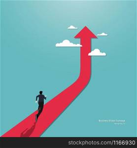 Businessman running on top of a big arrow pointing up to the success goal. Business vision concept, Achievement, Career, Leadership, Vector illustration flat