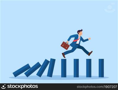 businessman running on top of domino effect. Business crisis. Business Concept. Vector illustration in flat style.. businessman running on top of domino effect