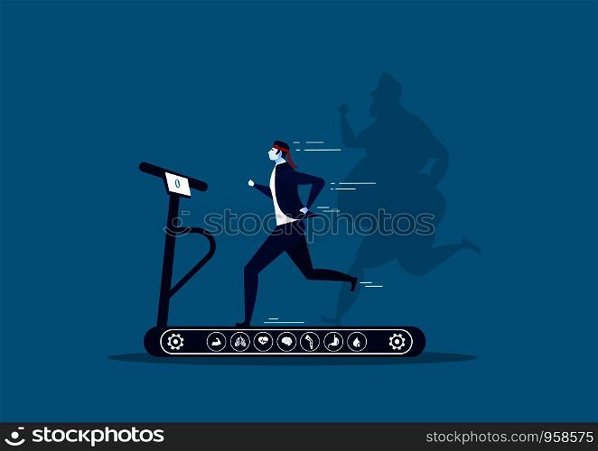 businessman running on treadmill with shadow oversize fat guy weight loss with heath icon on blue background illustrator vector.