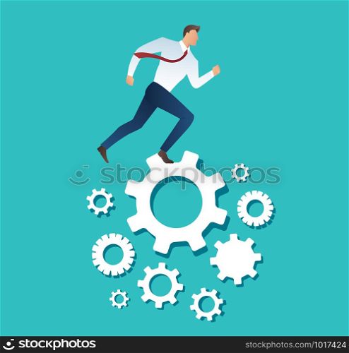 businessman running over machine gear wheel cog wheel showing work life action strategy