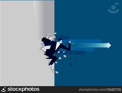 Businessman running through a glass, business situation vector illustration