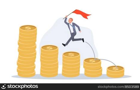 Businessman running to achieve financial goal, collecting wealth concept. Vector illustration.