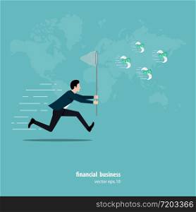 Businessman running to catch flying money. businessman uses insect trapping nets to trying. running to catch a swarm of banknotes with wings flies in the air. vector illustration flat