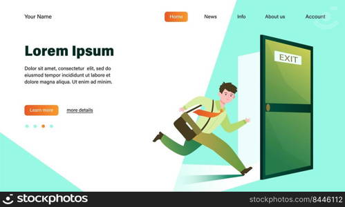 Businessman running to escape exit. Emergency exit open door, evacuation way from office building. Flat vector illustration for fire, warning, safe way direction concepts