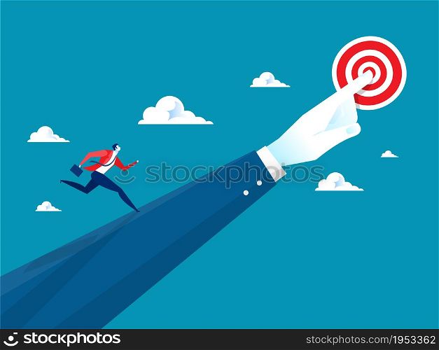 Businessman running to goal on pointing finger.direction to achieve goal or target flat vector illustrator.
