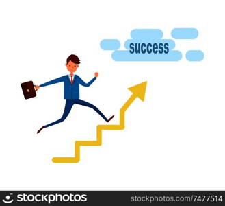 Businessman running to success on growing chart with arrow pointer. Happy executive worker rising upstairs on diagram or graph, growth in career vector. Businessman Running to Success on Growing Chart