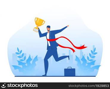 Businessman Running to win with get award , Business Competition, Leadership, Path to Success Vector Illustration