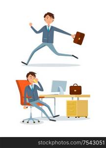 Businessman running to work, person in office talking with client partner vector. Manager with briefcase rushing to workplace. Executive chief sitting. Businessman Running to Work, Person in Office