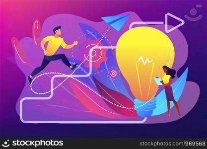 Businessman running up stairs arrow to lightbulb. Creative inspiration, find inspiration and unlocking creativity concept on ultraviolet background. Bright vibrant violet vector isolated illustration. Creative inspiration concept vector illustration.