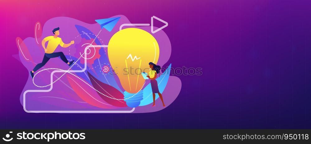 Businessman running up stairs arrow to lightbulb. Creative inspiration, how to find inspiration and unlocking creativity concept on white background. Header or footer banner template with copy space.. Creative inspiration concept banner header.
